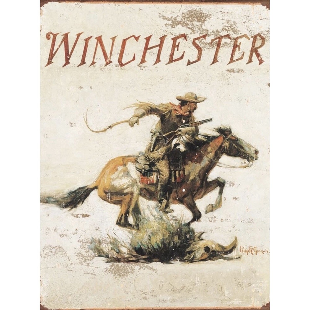 Winchester Gun Sign Weathered Logo 8x12 Horse Cowboy Garage Sign Metal Garage